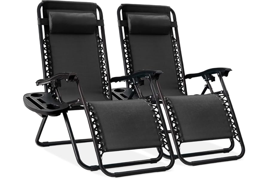 Best Choice Products Set of 2 Adjustable Steel Mesh Zero Gravity Lounge Chair Recliners w/Pillows and Cup Holder Trays - Black