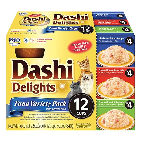 INABA DASHI DELIGHTS FOR CATS, SHREDDED CHICKEN WITH BONITO FLAKE BROTH, 2.5 OUNCE CUP, 12 CUPS TOTAL, TUNA VARIETY