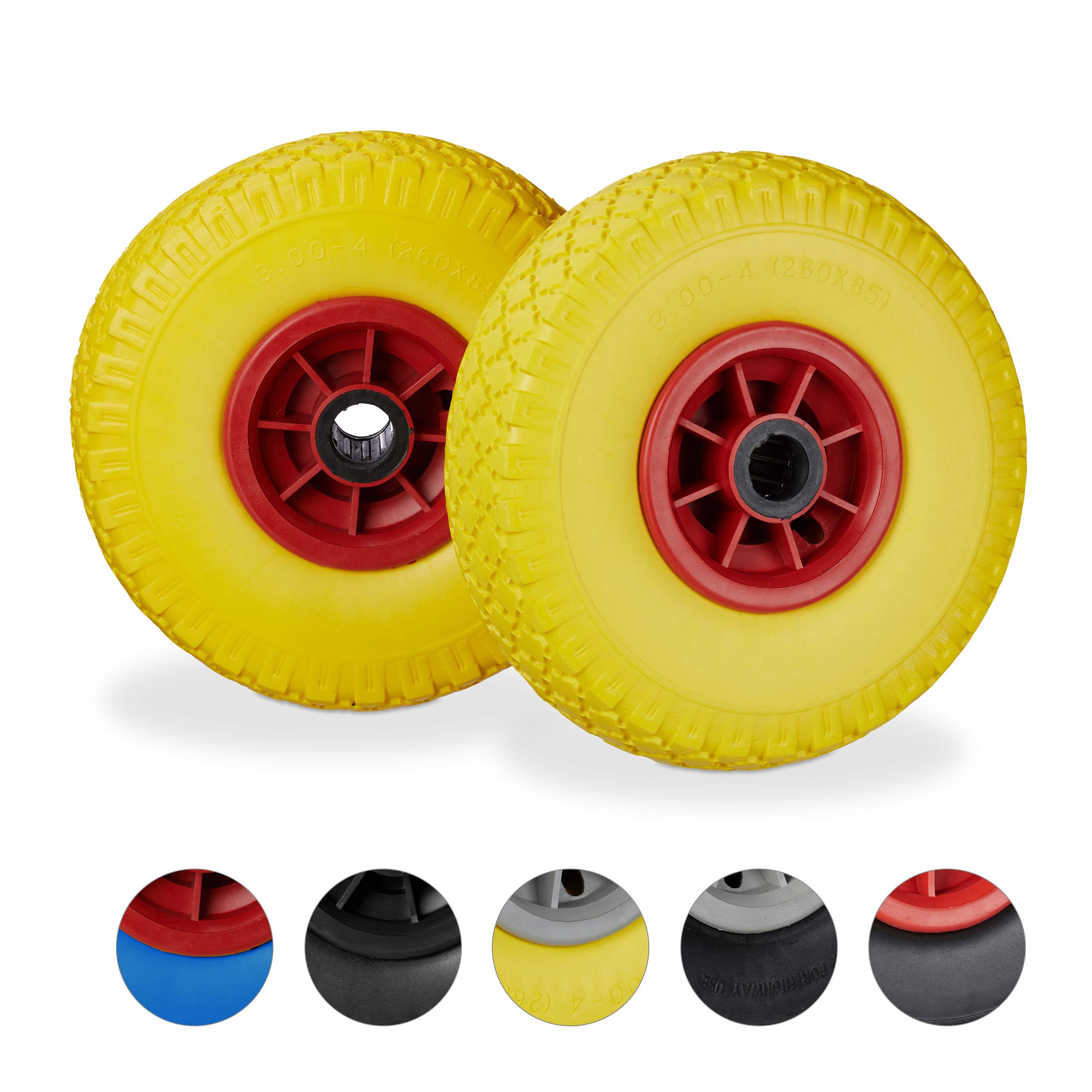 Relaxdays Hand Truck Spare Tyre Set of 2, Flatproof, 3.00-4 Solid Rubber, 25mm Axle, 80 kg, 260 x 85 mm, Yellow-Red