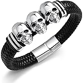 Gothic Skull Braided Leather Cuff Bracelets for Men Women,316L Stainless Steel/18K Gold Plated/Black Punk Skeleton Head woven Leather Bracelet Party Accessories for Rapper Motorcycle Biker 7.5-9 inch