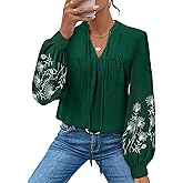 LOOKBOHO Blouses for Women Dressy Casual Embroidered Boho Tops Trendy Puff Long Sleeve Peplum Babydoll Shirts
