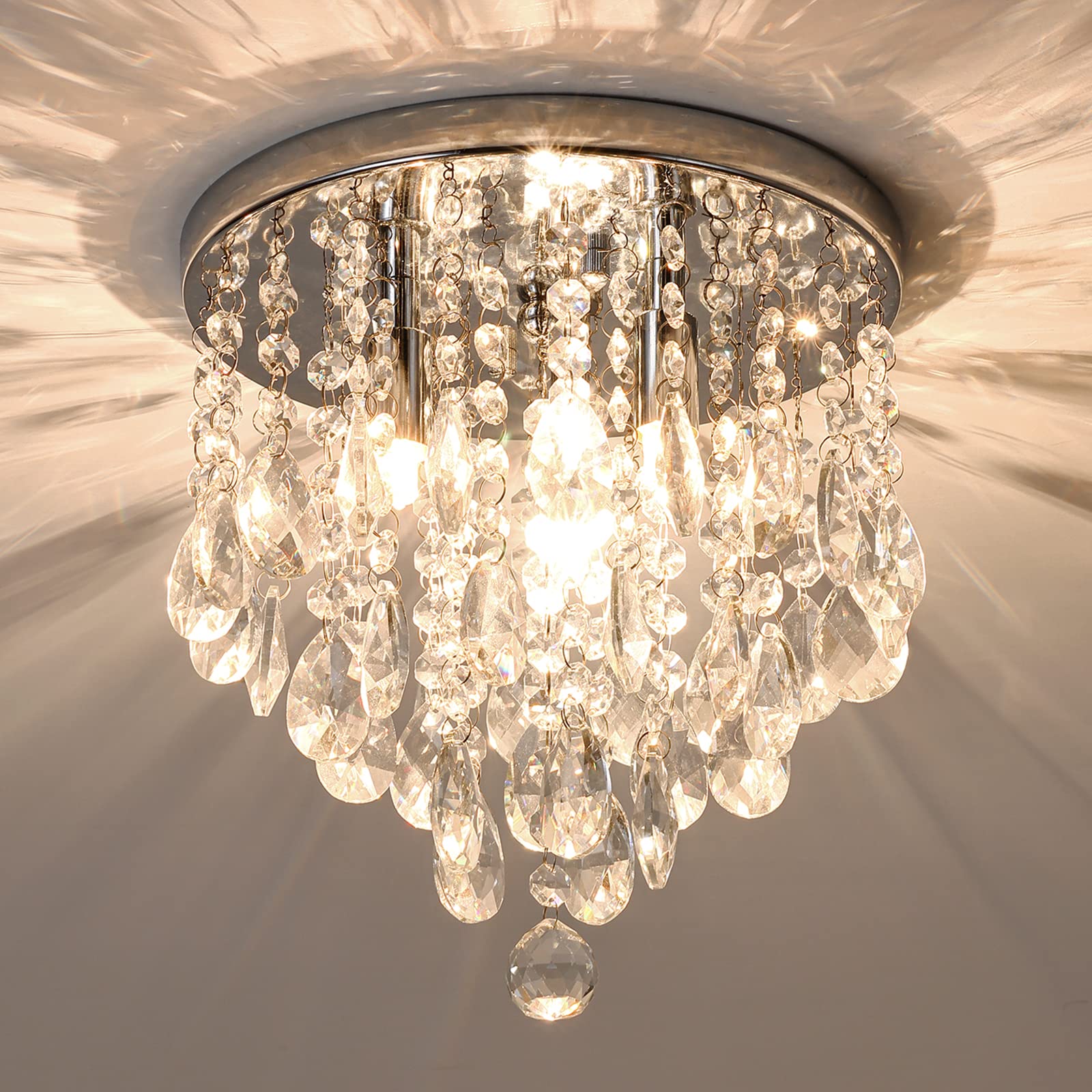 Photo 1 of NSRCE 3-Light Modern Small Chandelier G9 Base, Mini Crystal Flush Mount Ceiling Light Fixture Silver Finish, Ideal for Bedroom, Kitchen, Closet, Bathroom, Hallway (Chrome)