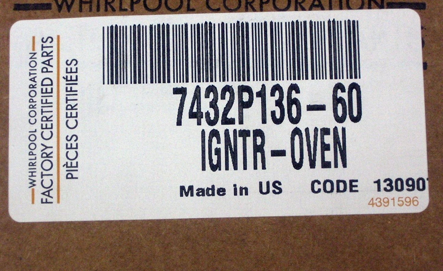 Amazon.com: Whirlpool Part Number 7432P136-60: IGNITER (BAKE): Home  Improvement