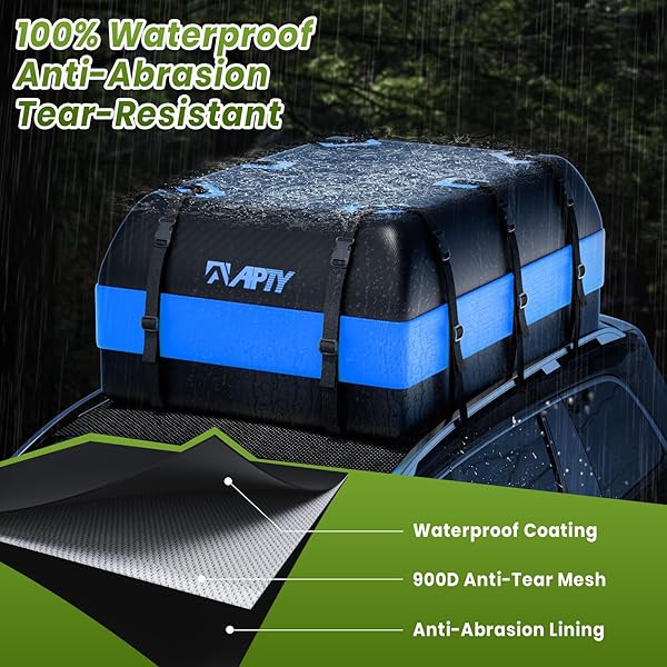 APTY 21 CUBIC FEET CAR ROOFTOP CARGO BAG CARRIER, SOFT ROOF TOP LUGGAGE BAG FOR ALL VECHICLES WITH/WITHOUT RACKS – WITH WATERPROOF ZIP, LUGGAGE LOCK, ANTI-SLIP MAT, STORAGE BAG, DOOR HOOKS, BLUE