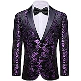 Barry.Wang Mens Flowers Blazer Suit Jacket Floral Jacquard Notched Lapel Tuxedo Casual Sport Coat Disco Prom Wedding Party