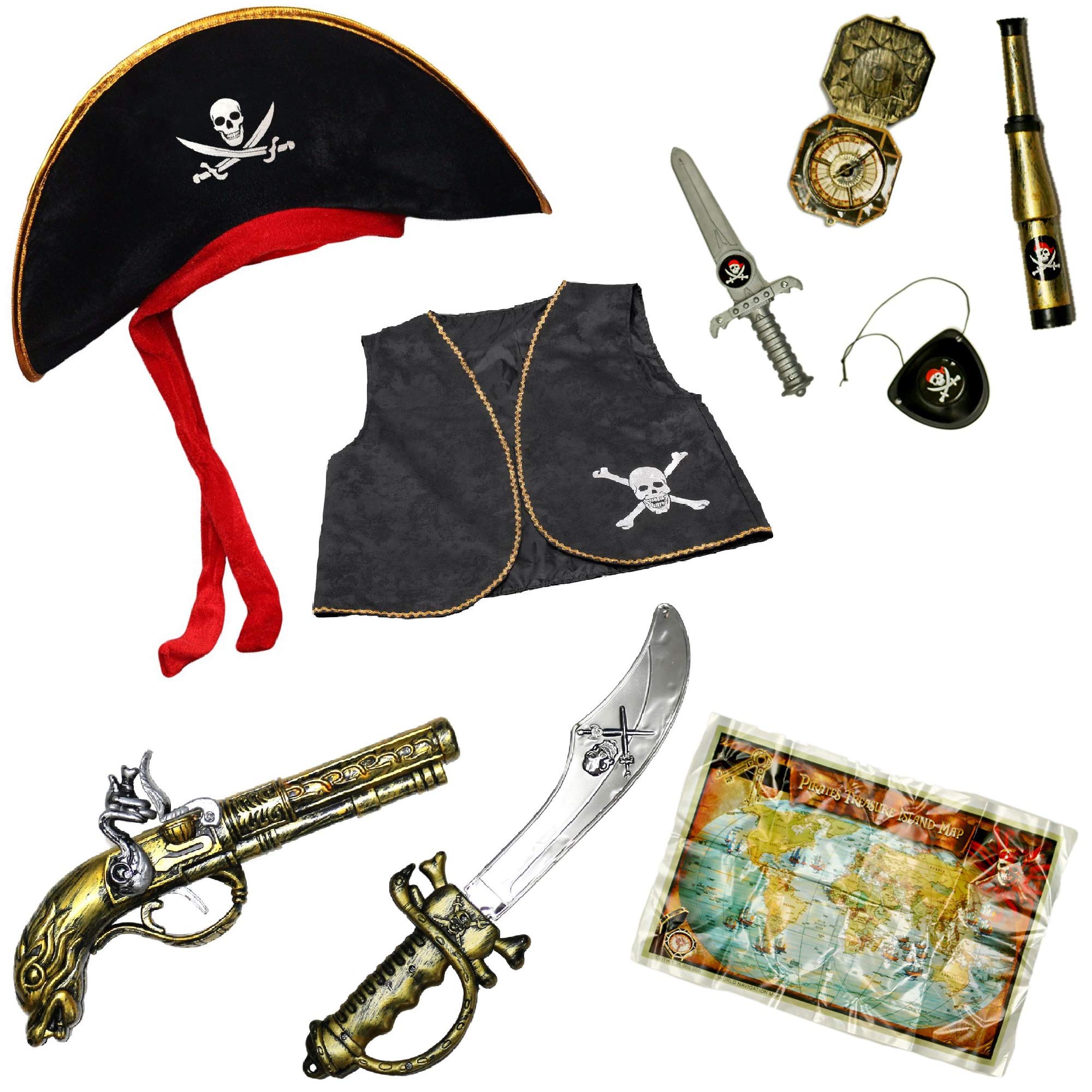 Kids Toy Pirate Fancy Dress Costume Accessory Set (Sword, Gun, Eyepatch, Compass, Treasure Money, Hat)