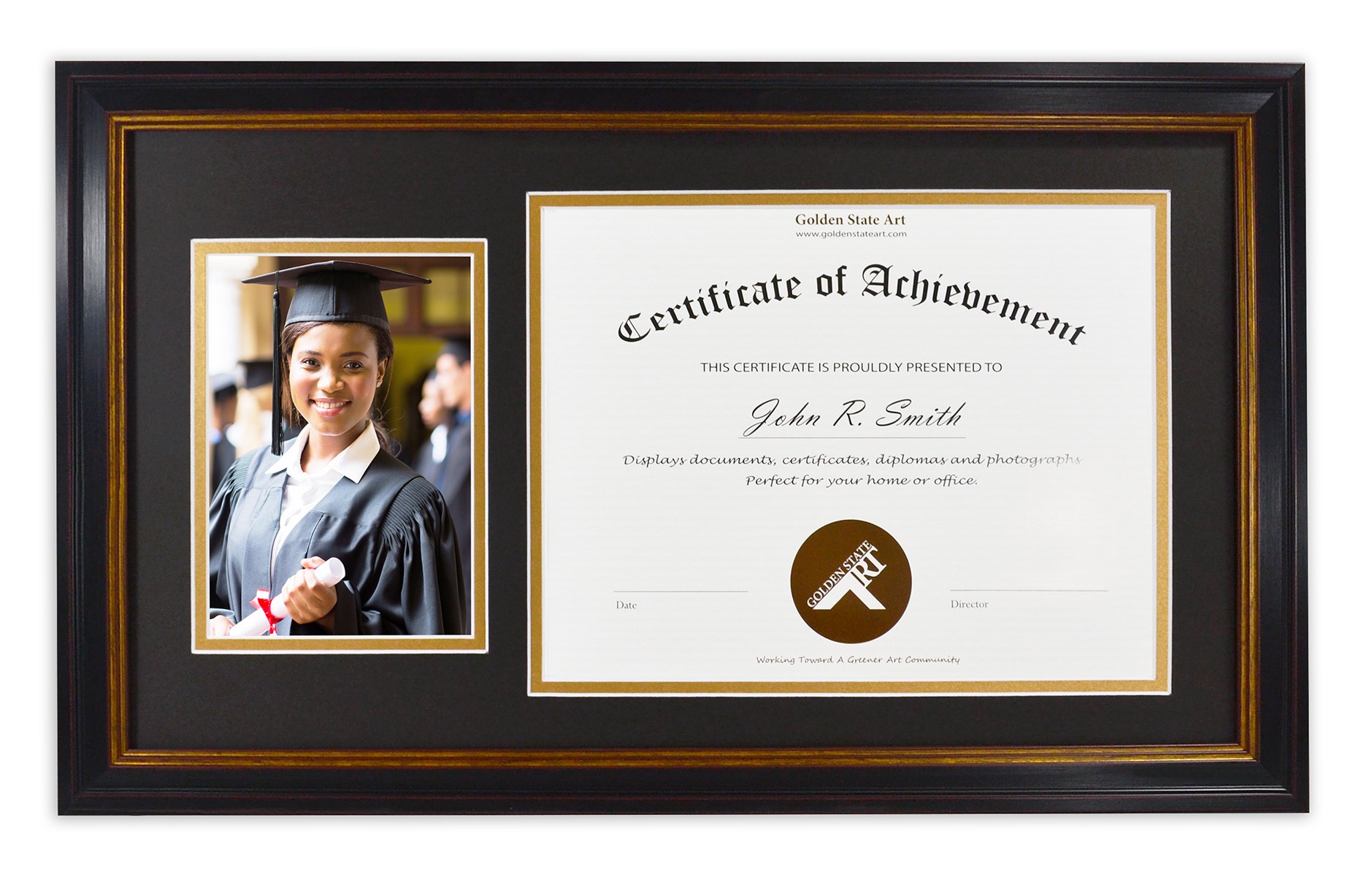 Double Diploma Frame - Holds Two 8.5x11 Certificates | Black Wood With Gold Trim & Real Glass