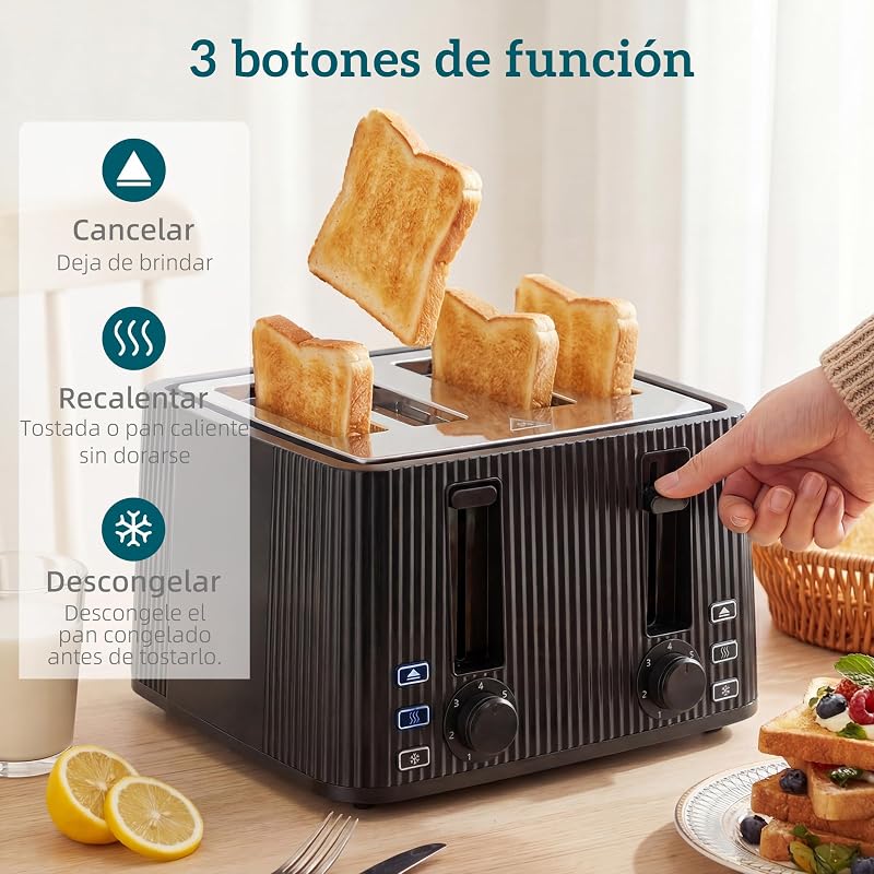 Tostadora 4 Ranuras Anchas 7 Niveles de Tostado, 1710W, Negro