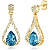Austrian Crystal Halo Teardrop Hollow Drop Stud Earrings for Women 14K Rose Gold Plated Hypoallergenic Jewelry