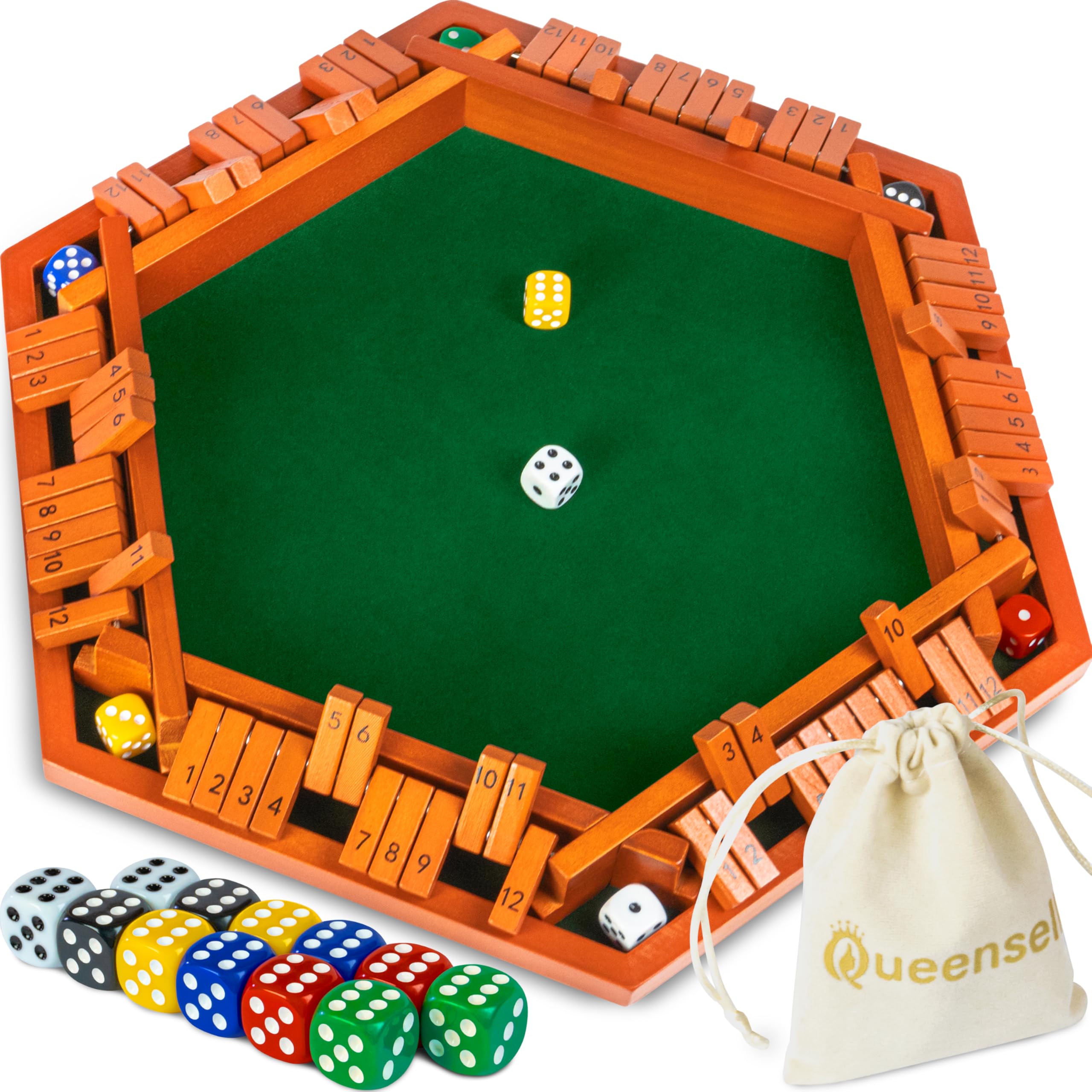 Queensell Shut The Box Game Wooden Board for 1-6 Players - 16-inch Shut The Box Game 12 Numbers for Adults & Kids - Ideal for Games Night