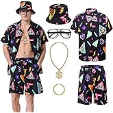 Owurha 80s 90s Outfit Men Retro Shirts and Shorts Set, Men 80s Tracksuit 90s Neon Theme Outfit for Men Disco Party Beach