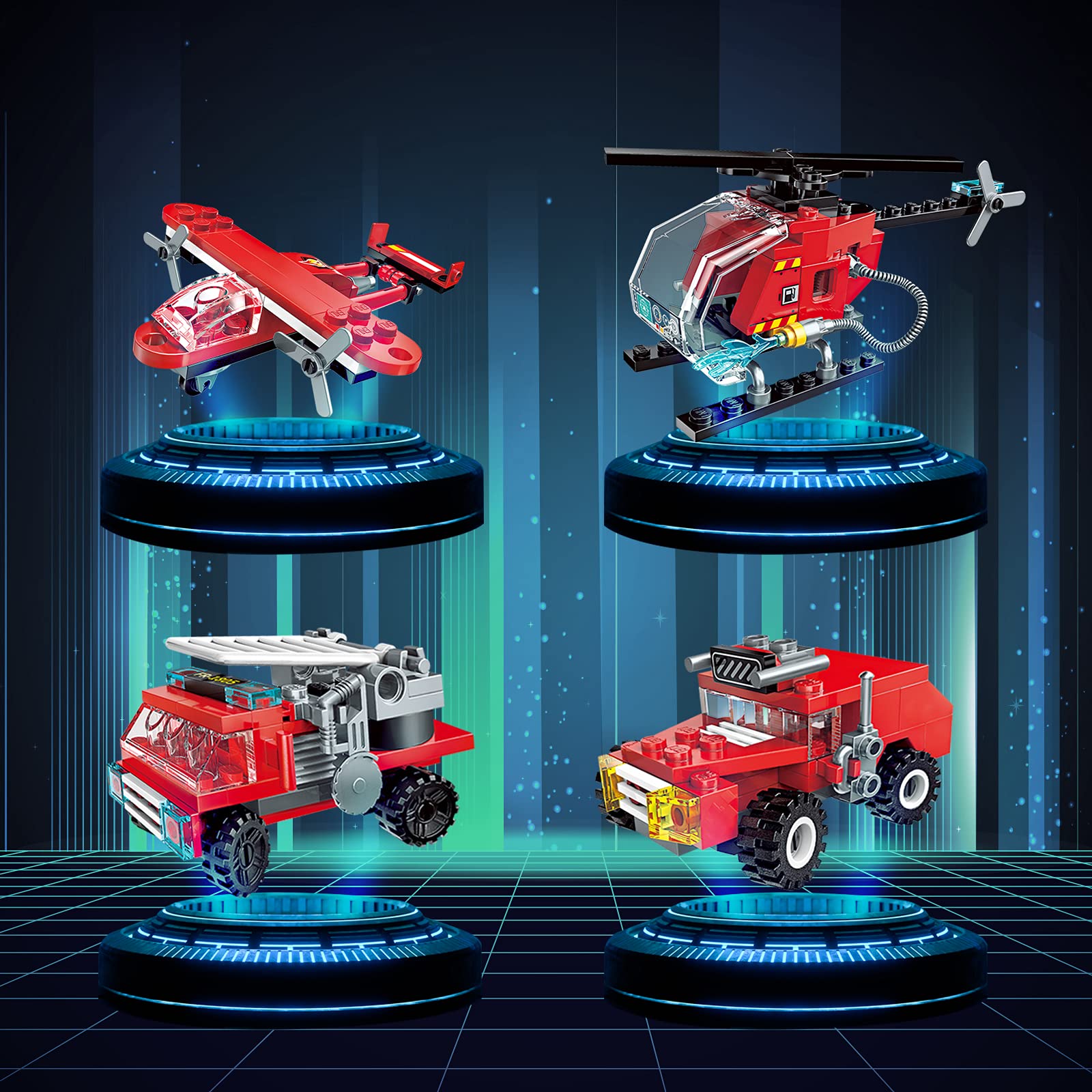 City Fire Truck Building Kit, Kompatibel mit Lego City Fire Truck 8-in-1- Klemmbausteine Baustein, Helicopter Toys Building Sets für Erwachsene 14+ 3