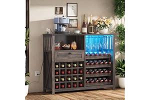 YITAHOME Wine Bar Cabinet with Led Light Power Outlet, Home Coffee Cabinet with Wine and Glass Rack, Kitchen Buffet Sideboard with Storage Shelves, Freestanding Liquor Cabinet for Dining Room, Brown