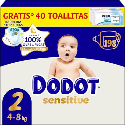 Pañales Bebé Sensitive Talla 2 (4-8 kg), 198 Pañales + 1 Pack de 40 Toallitas Gratis Cuidado Total Aqua, Absorción y Protección de la Piel de Dodot, Pack Mensual