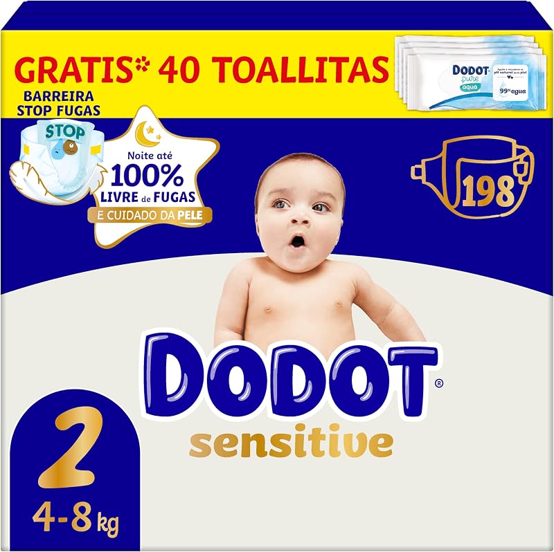 Pañales Bebé Sensitive Talla 2 (4-8 kg), 198 Pañales + 1 Pack de 40 Toallitas Gratis Cuidado Total Aqua, Absorción y Protección de la Piel de Dodot, Pack Mensual