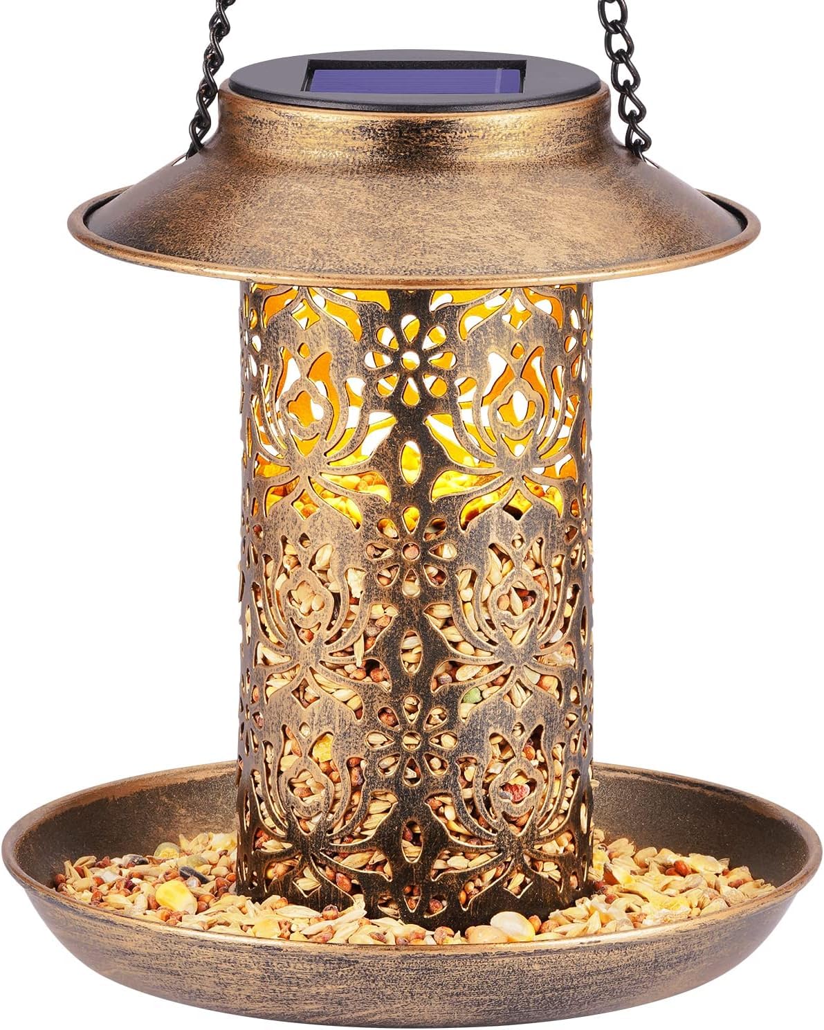 Solar Bird Feeder with Garden Lantern - Outdoor Hanging Wild Bird Feeder for Cardinals, Includes S Hook for Bird Lovers(Copper)