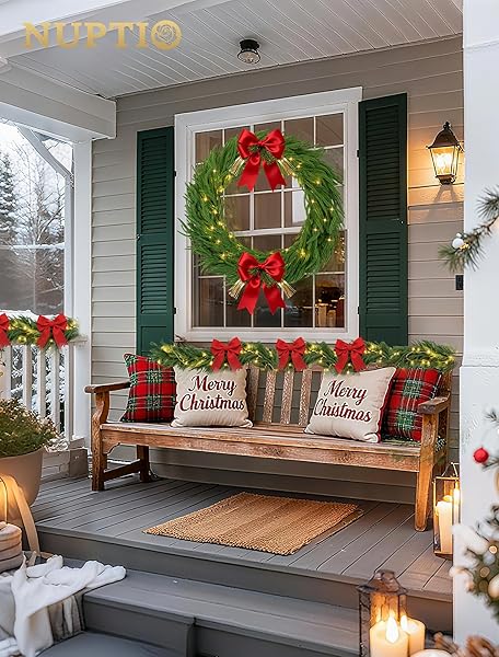 NUPTIO LARGE CHRISTMAS WREATH WITH LIGHTS: 36 INCH PRELIT REAL TOUCH NORFOLK PINE WREATHS WITH HOOK FOR OUTDOOR FRONT DOOR – REALISTIC XMAS DECORATIONS 100 LED 8-MODE WITH REMOTE TIMER FOR HOLIDAY