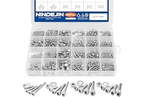 NINDEJIN 880Pcs M2 M3 M4 M5 Stainless Steel Precise Metric Hex Socket Head Cap Machine Screws, Hex Socket Bolts and Nuts Set and Washers Assortment Kit +Wrench (Stainless Steel, Hex Socket Cap)