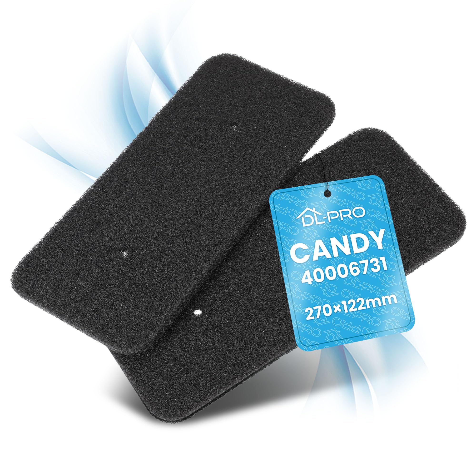 2 x foam filters such as Candy 40006731 270 x 122 mm base filter on heat exchanger dryer.