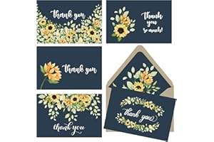 Gooji 4x6 Sunflower Thank You Cards (Bulk 20-Pack) Kraft Lined Envelopes | Assorted Set, Watercolor, Floral Graphics | Birthd