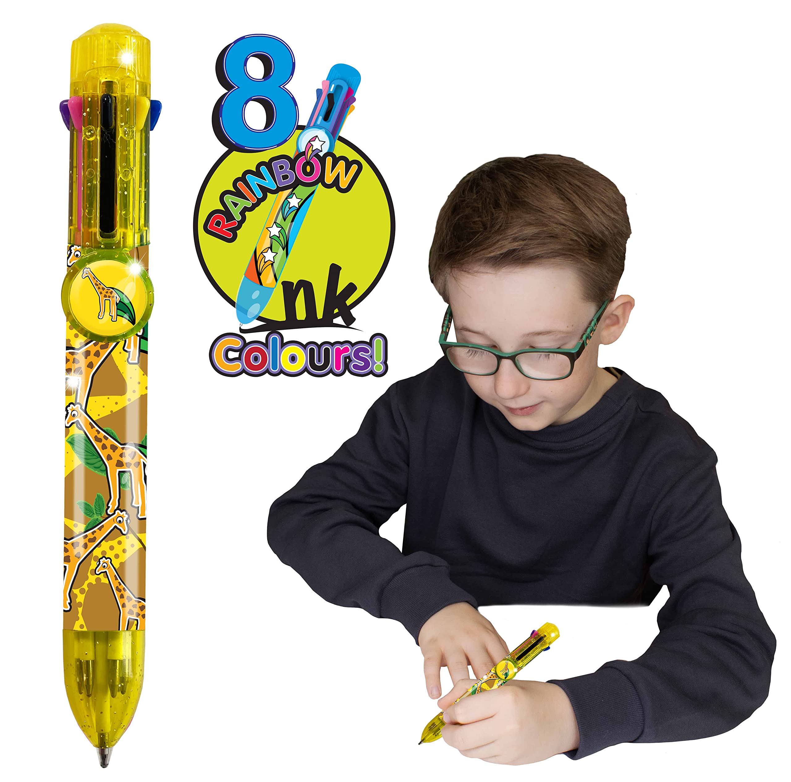 Rainbow Writer - Giraffe Pen by Deluxebase. 8-in-1 Multicolour Retractable Ballpoint Pen with a Yellow Glitter Barrel, Fun Novelty Kids Stationery, School Supplies or Party Bag Filler.