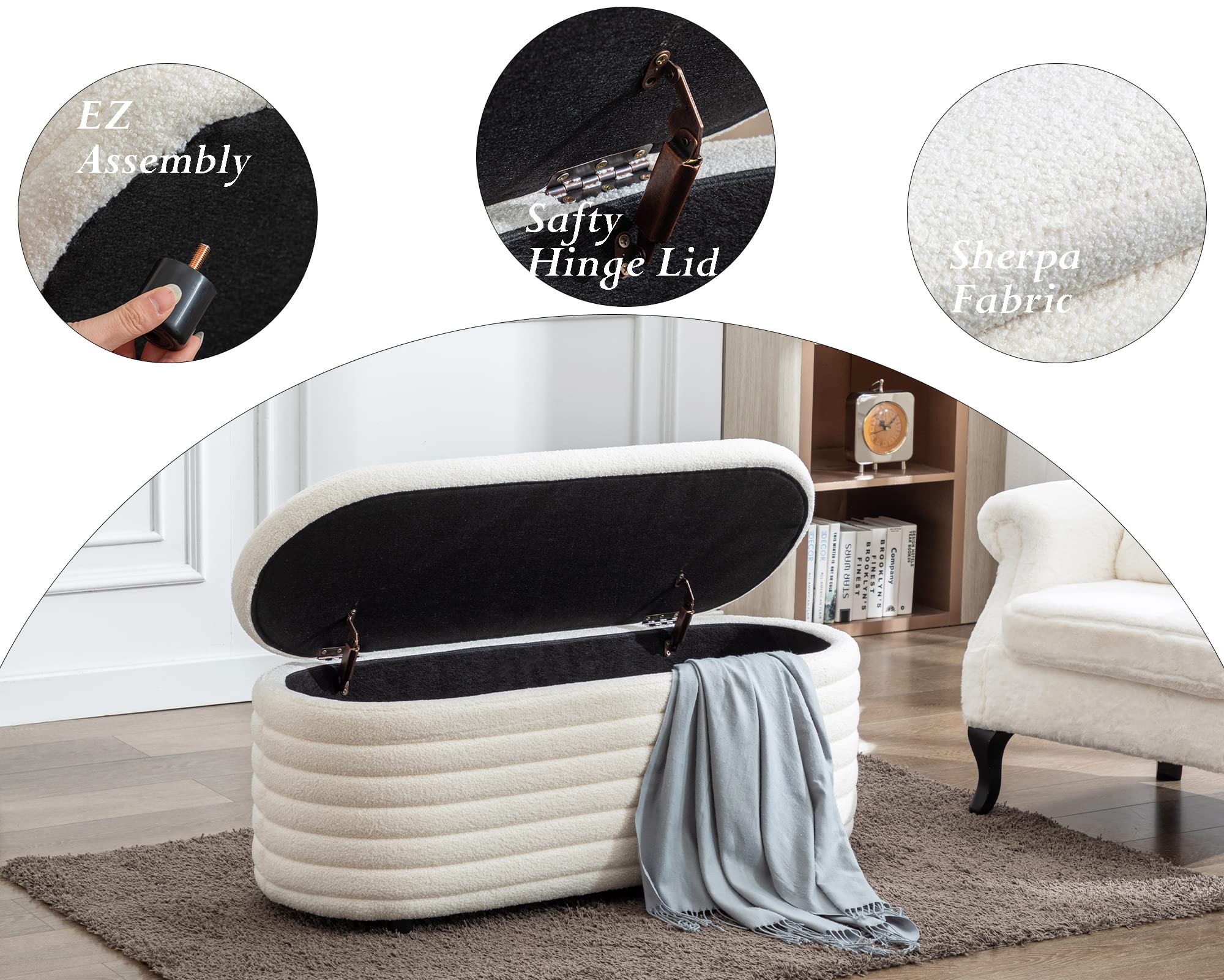 DM Furniture Storage Teddy Ottoman Bench Upholstered Fabric Storage Bench End of Bed Stool with Safety Hinge for Bedroom, Living Room, Entryway, Closet(44.5-inch, White) - Image 5