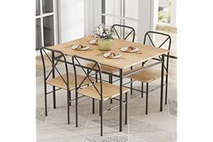 VECELO 5-Piece Kitchen Dining Table Set, Wood Tabletop & Heavy-Duty Metel Frame, Rectangle Dinette with 4 Chairs for Small Space, Breakfast Nook, Natural and Black