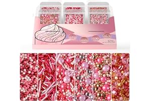 HUEBEATY 6-in-1 Valentines Pink Sprinkles Mix, Sanding Sugar, Nonpareils, Jimmies Sprinkles for Cake Cookies Decorating Baking | 6.36oz | Edible Barbie Pink, Baby Shower, Princess Cakes Sprinkles Decorations