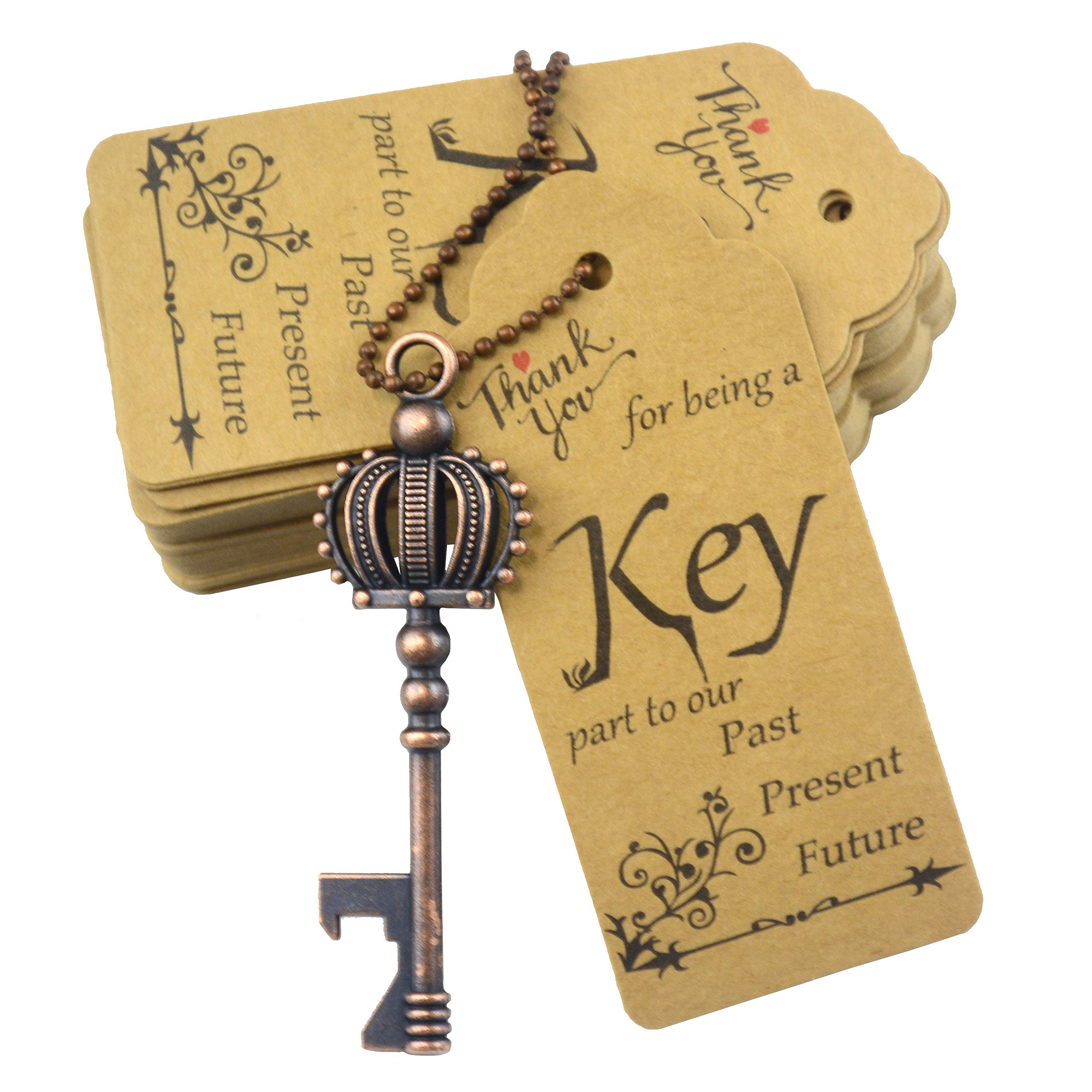Aokbean 52 pcs Crown Key Bottle Opener with Tag and Keychain,Vintage Skeleton Key Bottle Opener for Wedding Party Favors (Copper)