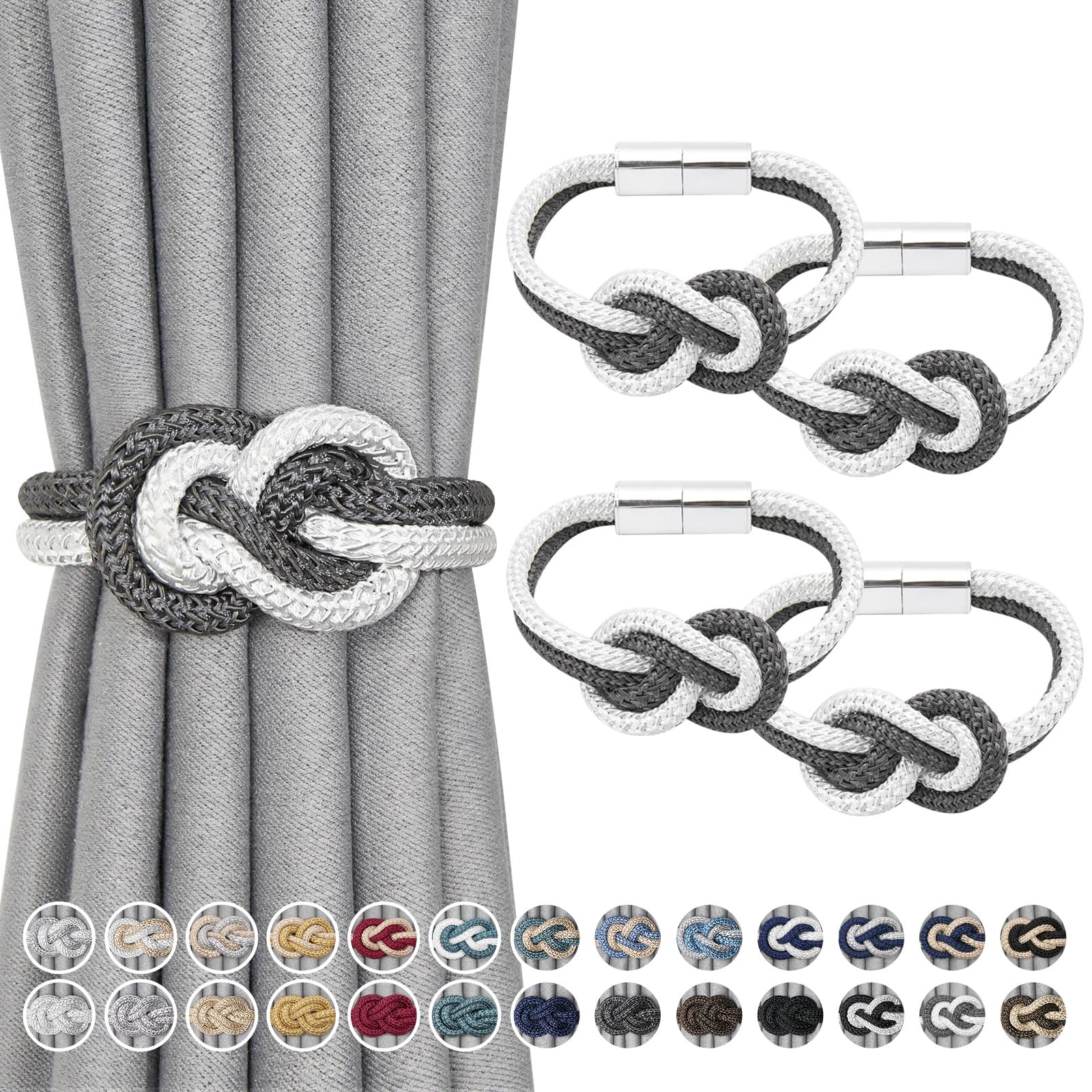 Pretty Jolly 4 Pack Mini Magnetic Curtain Tiebacks Nordic Simple Style Drape Tie Backs Elegant Hand Weave Rope Knot Decorative Curtain Holdbacks for Home & Office Window Drapery (Dark Grey & White)