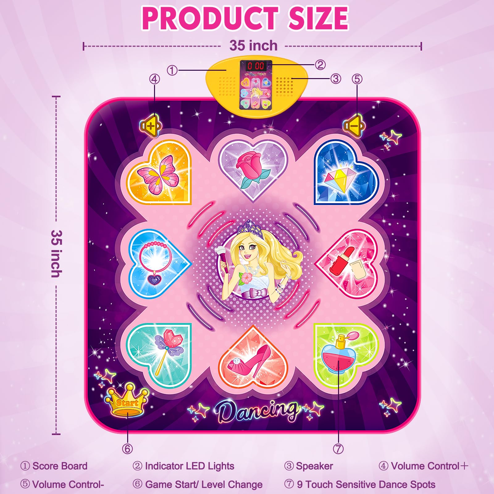KIZZYEA Dance Mat Toys for 3, 4, 5, 6, 7, 8+ Year Old Girls, Music Dancing Pad with 7 Game Modes, LED Lights, Built-in Music, Adjustable Volume, Birthday Gifts for 3-12 Years Old Girls