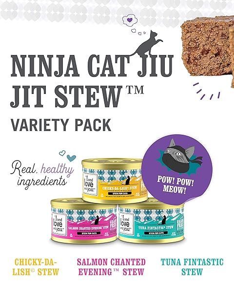 I AND LOVE AND YOU WET CAT FOOD – NINJA CAT JIU JIT STEW VARIETY PACK – CHICKEN, SALMON, TUNA, GRAIN FREE, FILLER FREE, 3OZ PACK OF 12 CANS