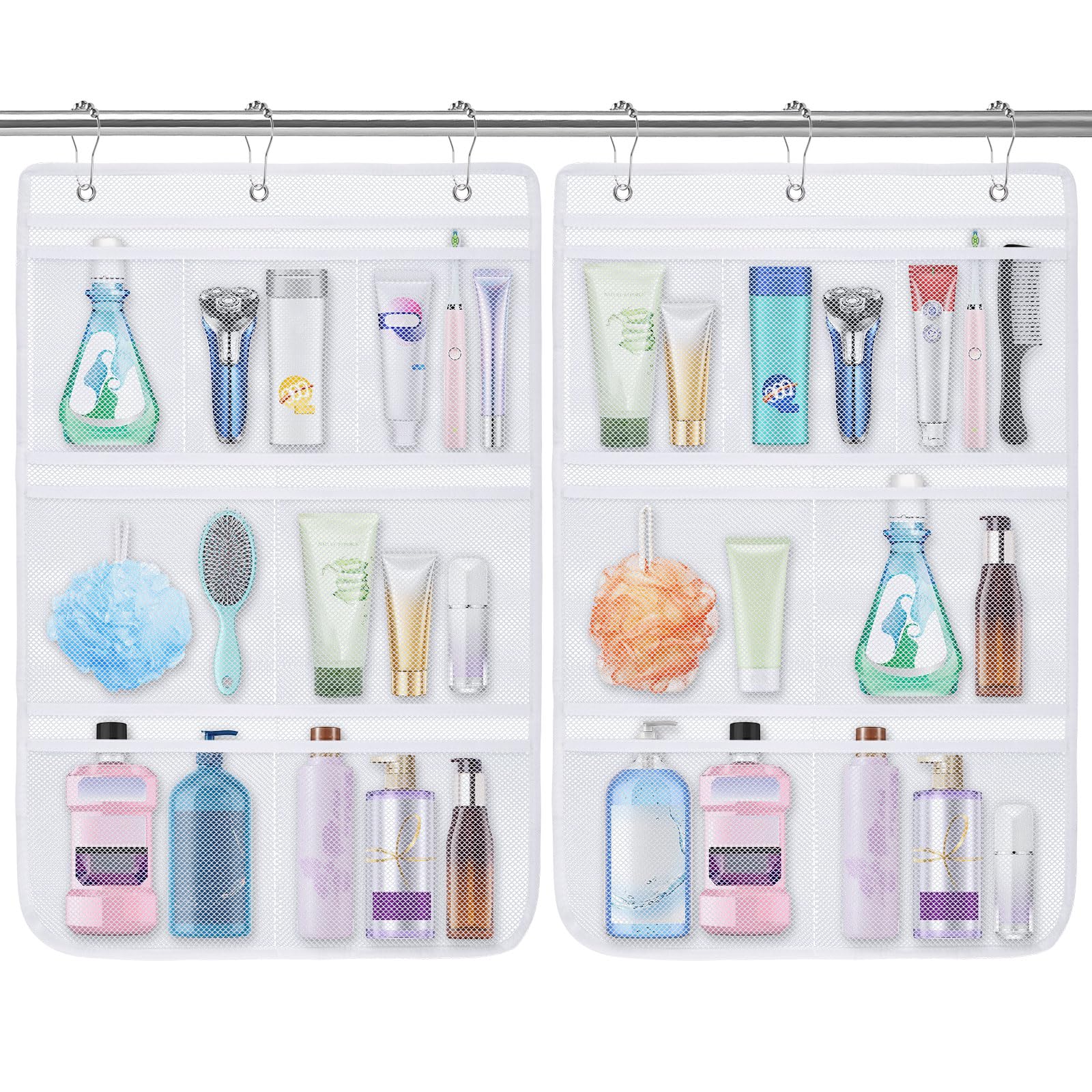 Okxiri 2 Pack Mesh Shower Caddy Hanging Organizer with 7 Pockets, Quick Dry Bathroom Storage Bag, Cruise Cabin and Dorm Essentials for Travel, Toiletry Organizer for Shampoo Soap