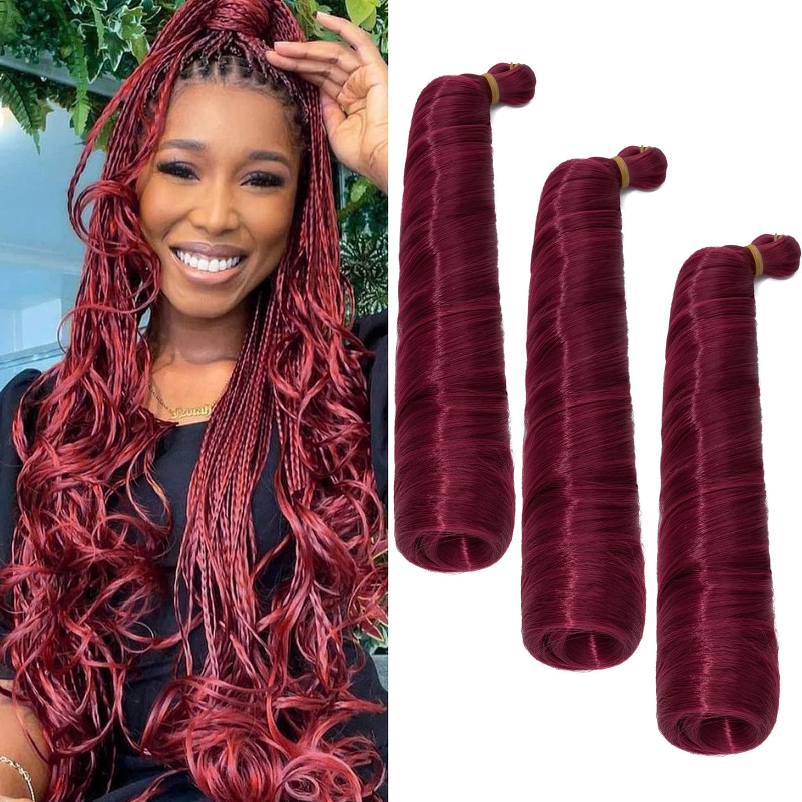 S-noilite French Curl Braiding Hair 24 inch 3 Pack Loose Wavy Spiral Curly Crochet Hair Deep Wave Synthetic Extensions for Braiding Pre Stretched Bouncy Braiding Hair, Wine Red
