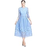 LAI MENG FIVE CATS Womens Crew Neck Flowy Floral Lace Hollow Crochet Waist Cocktail Dress