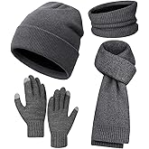 ShinyMatch 4 Pcs Winter Warm Beanie Hat Scarf Gloves Neck Gaiter Set, Knit Hat Gloves Warmer Long Scarf for Men, Women