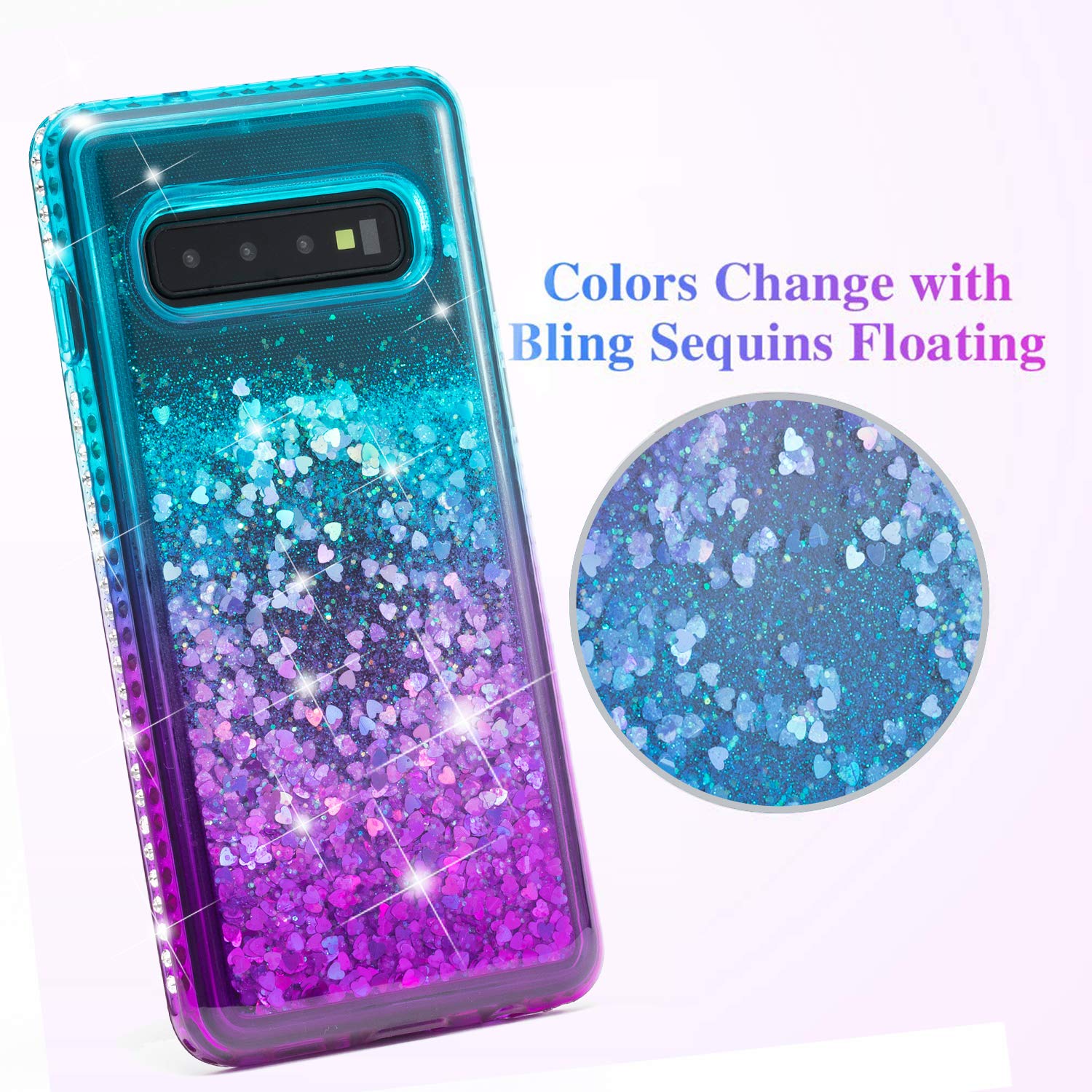 Galaxy S10 Plus Case, Luxury Floating Glitter Case Sparkle Bling Quicksand Liquid Cover Clear TPU Bumper Cushion Reinforced Corners Girls Women Cute Case for Samsung Galaxy S10 Plus, Green Purple