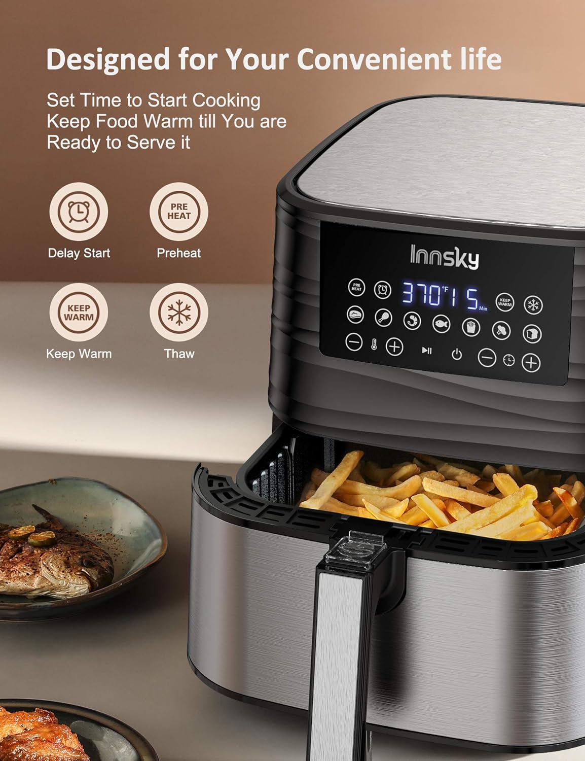 Innsky Air Fryer XL, 5.8 QT, 1700W Electric Stainless Steel Hot Air Fryers Oven for Roasting/Baking/Grilling, LED Touch Digital Screen with 7 Cooking Presets, Preheat& Keep Warm, Appointment & Nonstick (32 Recipes): Kitchen & Dining