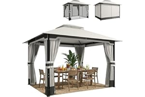 Outsunny 10'x12' Patio Gazebo,Double Roof Outdoor Gazebo Canopy Shelter with Netting and Curtains,Steel Frame,Drainage Holes 
