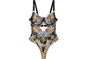 SEAUR Women's Sexy Lace Floral Embroidered Teddy Bodysuit Mesh Sheer One Piece Hollow Out Lingerie