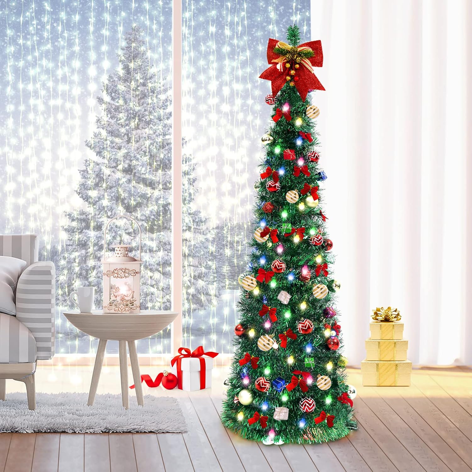 Trees - FHOZGECY Pop Up Christmas Tree, 5FT Collapsible Christmas Tree with 30 LED Multicolor Lights, Tinsel Pencil Christmas Tree with Ball Bowknot Gift Box for Indoor, Party, Xmas, Home,Office Decor