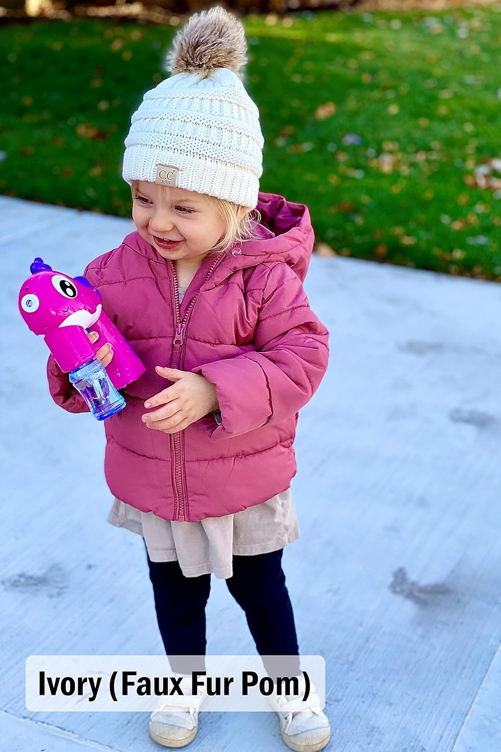 Kids Pom Beanie - Indi Pink (Faux Fur pom): Clothing
