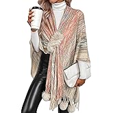 Women's Sweater Poncho Cape Coat Open Front Color Gradient Blanket Shawls and Wraps with Tassels Pompoms