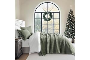 EVERGRACEHOME Stonewashed Cotton Quilt Set King Size, Ultra Soft Oversized Bedspread Coverlet Set, Lightweight Crinkle Box Stitch Bedding Sets for All Season, with 2 Shams, Olive Green
