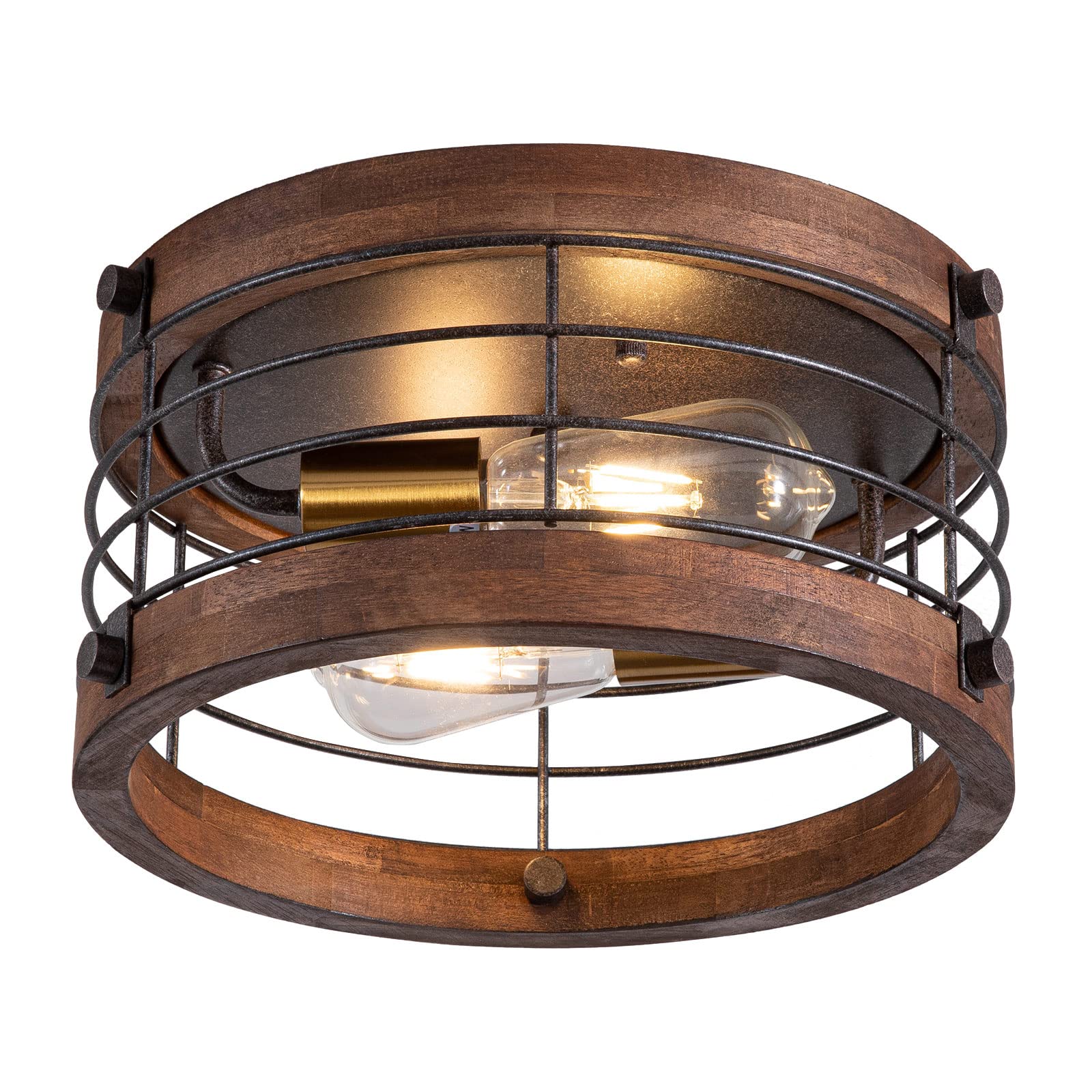 Photo 1 of wochos Farmhouse Flush Mount Ceiling Light, 12.6 Inch 2-Light Metal and Wood Close to Ceiling Light Fixture, Rustic Drum Semi Ceiling Light for Kitchen, Dining Room, Living Room, Hallway, Entryway