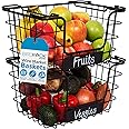 BIRDROCK HOME Stacking Wire Market Basket w/Chalk Label - Metal Storage Bin - Kitchen Counter, Pantry Cabinet, Shelves | Fruit, Vegetables, Bread, Onions, Potatoes & Snack - Metallic Black - Set of 2