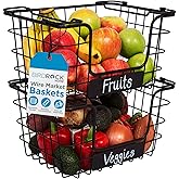 BIRDROCK HOME Stacking Wire Market Baskets with Chalk Label | Set of 2 | Fruit Vegetable Produce Metal Storage Bin for Kitchen Counter | Black