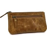 LEATHER VILLAGE Leather Pencil Case Double pocket Pouch Sun Tan Brown 4X8 | Full-Grain Leather Zipper Pouch Pen Holder Handcrafted gift ready for Artists, Stationery Bag for Work &amp; Office, Men Women