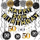 Famoby Black & Gold Glittery Happy 50th Birthday Banner,Poms,Sparkling 50 Hanging Swirls Kit for 50th Birthday Party 50th Anniversary Decorations Supplies