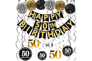 Famoby Black & Gold Glittery Happy 50th Birthday Banner,Poms,Sparkling 50 Hanging Swirls Kit for 50th Birthday Party 50th Anniversary Decorations Supplies